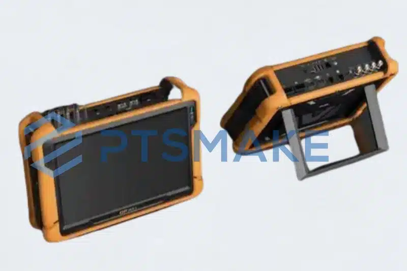 Portable device with protective yellow frame