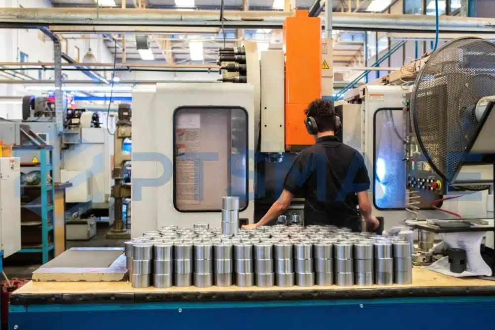 Worker operating CNC machinery in factory