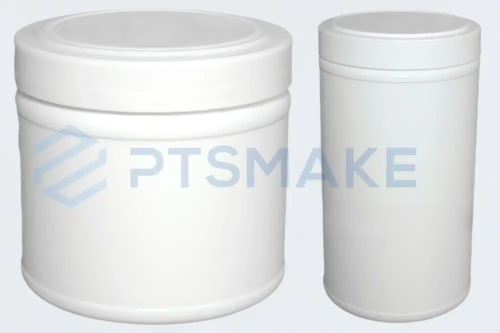 Two white cylindrical plastic jars