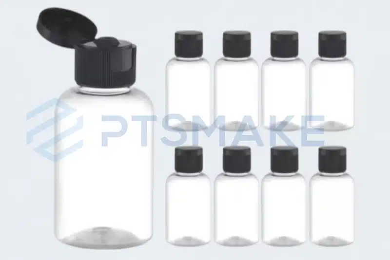 Clear bottles with black caps