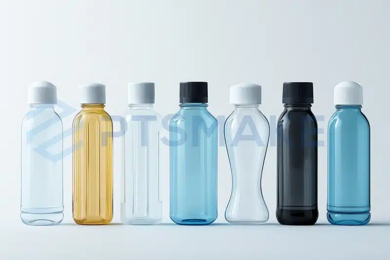 Assorted transparent bottles with different caps