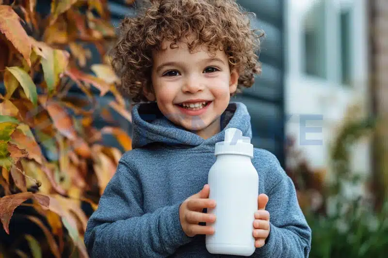 Child holding a white water bottle