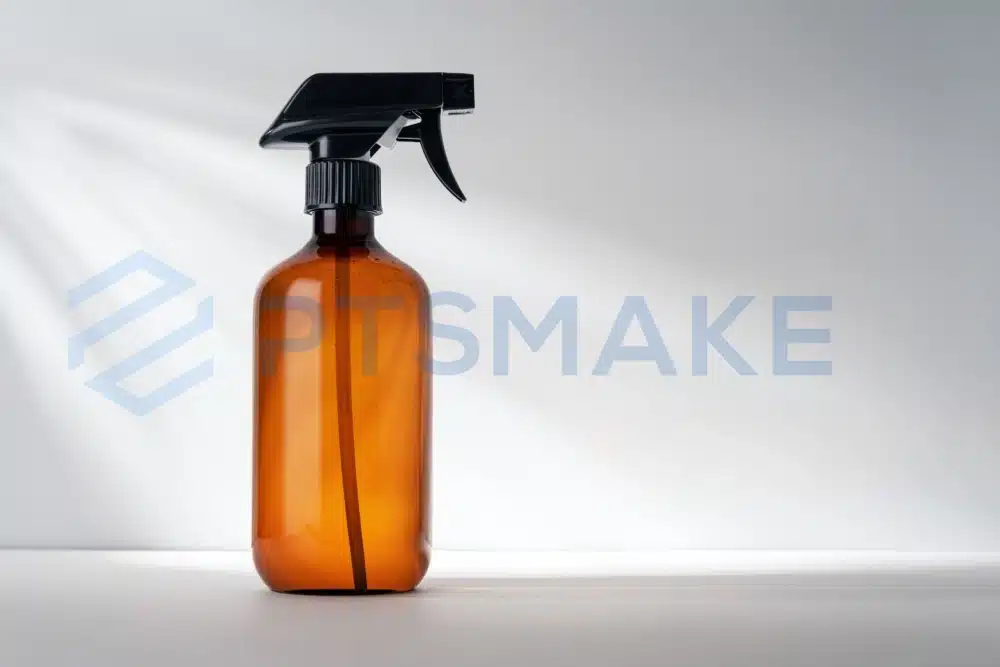 Amber spray bottle with black nozzle