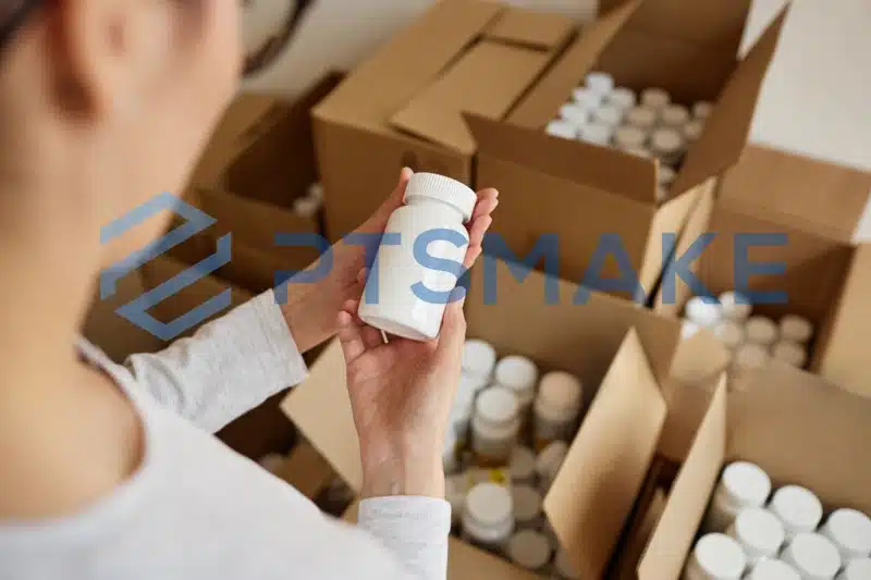 Person inspecting pill bottle in boxes