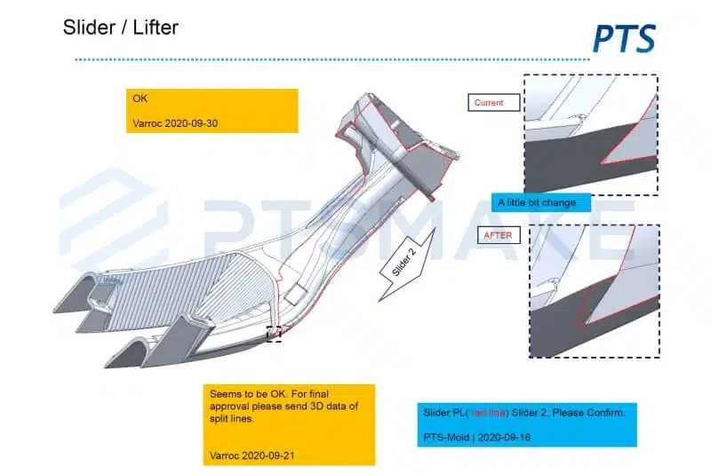 Technical drawing of slider lifter design by PTSMAKE