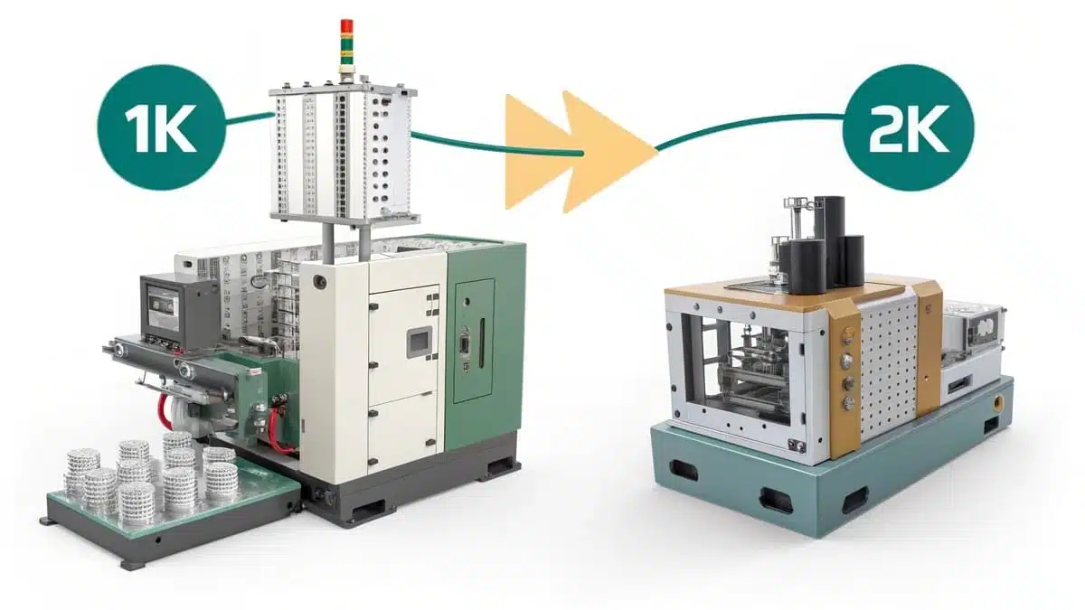 Comparison of 1K and 2K injection molding machines, highlighting enhanced manufacturing efficiency