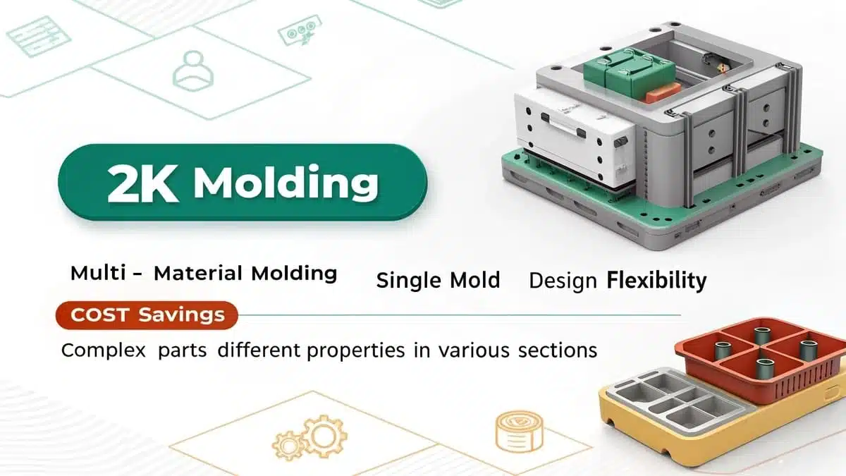 Key features of 2K molding, including multi-material flexibility and cost savings