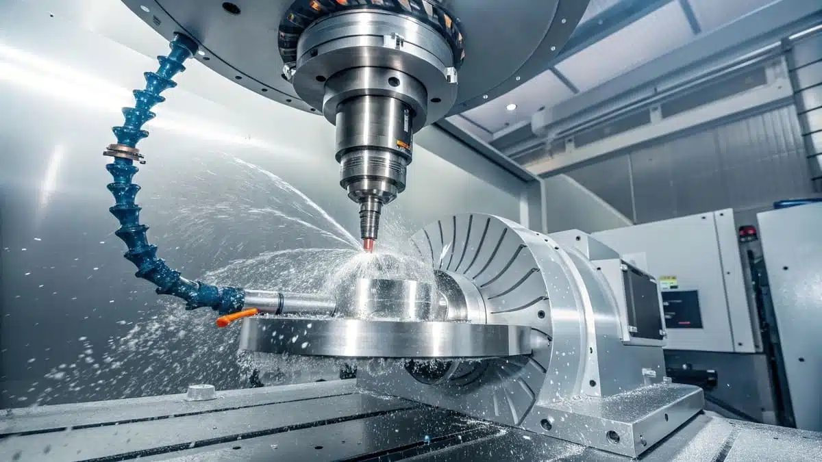 Fotorealistische 5-Achsen-CNC-Maschine beim Schneiden eines Präzisionsteils mit Flüssigkeitskühlung