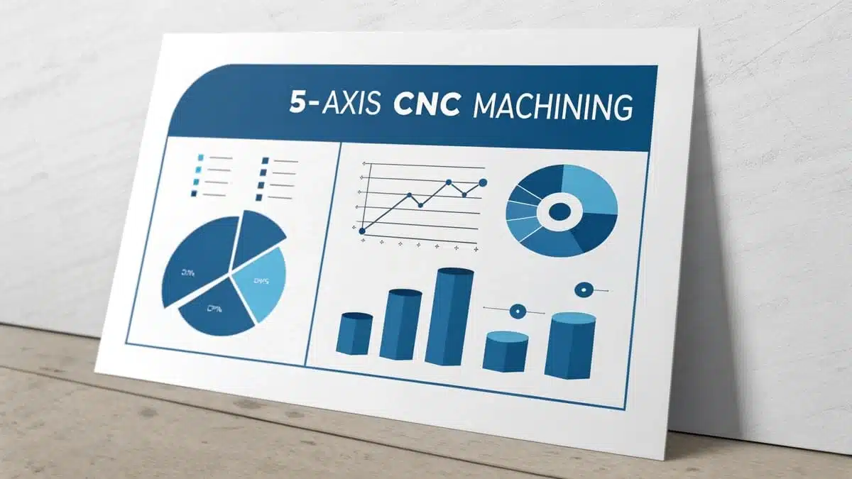 Professionelle Infografik zur Veranschaulichung von 5-Achsen-CNC-Bearbeitungsprozessen und Schlüsseldaten.