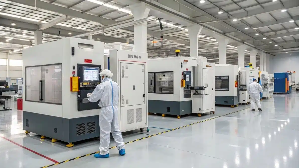 Moderne CNC-Fertigungsanlage mit fortschrittlichen Maschinen und Arbeitern in Schutzkleidung