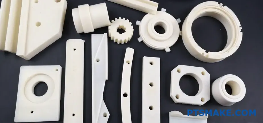 Varios componentes de plástico mecanizados con precisión en color blanco