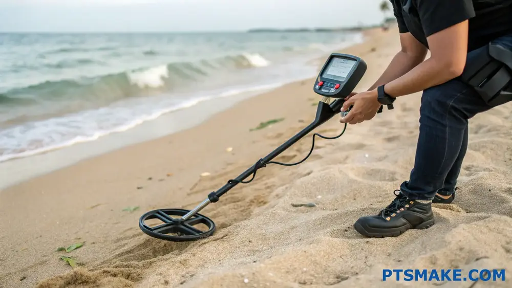 Metal Detector Scanning For Titanium Ring On Beach