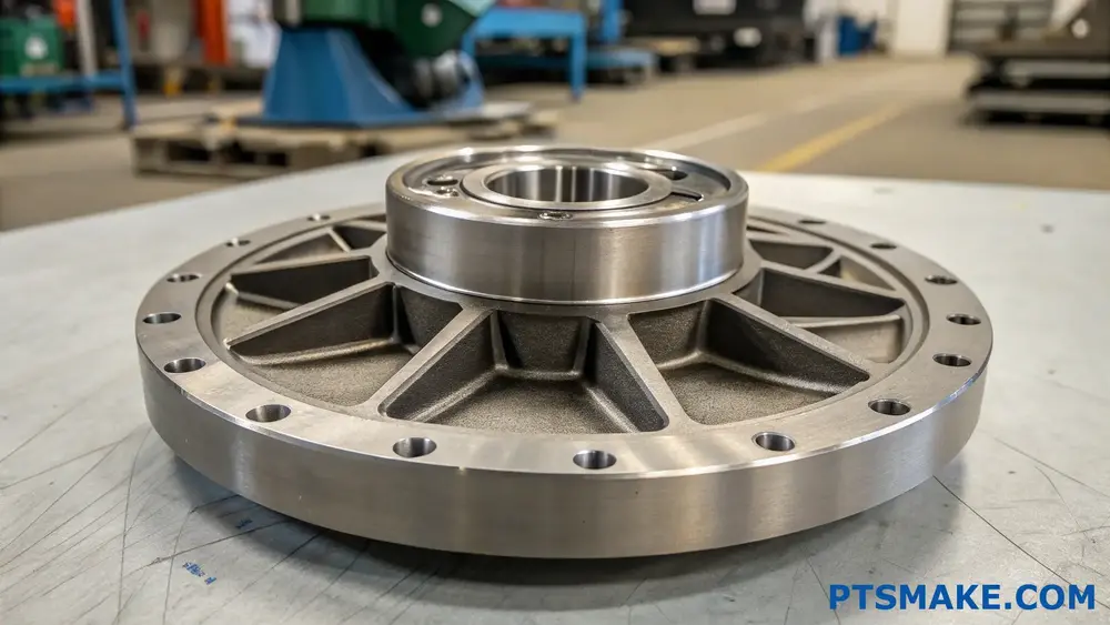 Precyzyjna metalowa część obrabiana CNC z wieloma otworami i centralnym łożyskiem