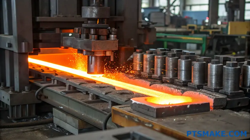 Przemysłowa maszyna do kucia kształtująca gorący żarzący się metal w fabryce