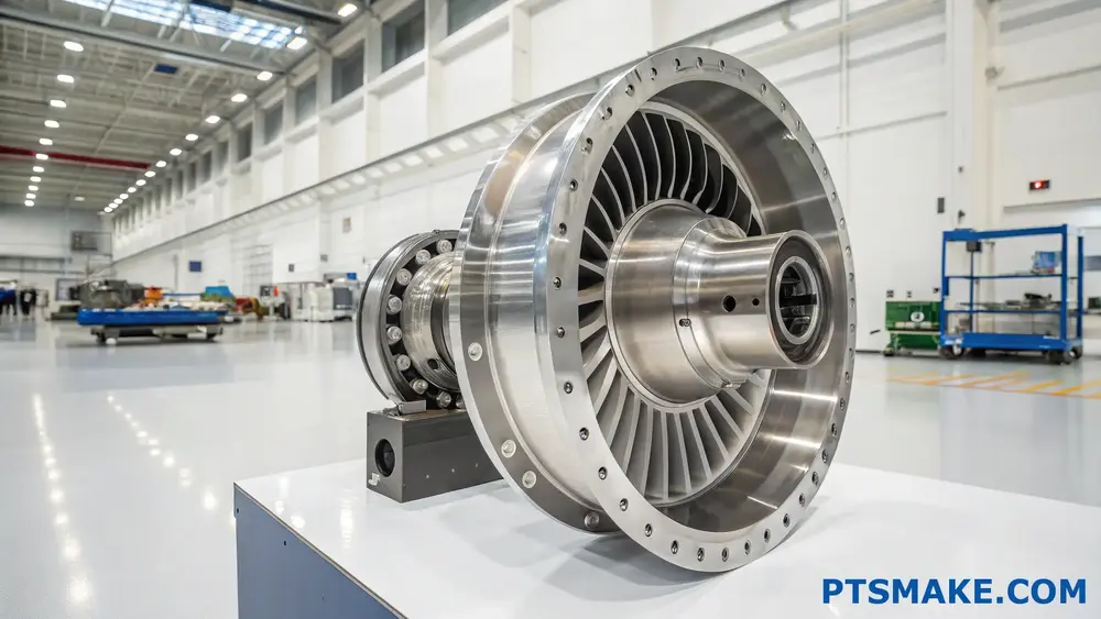 Precyzyjna metalowa część obrabiana CNC w zakładzie produkcyjnym