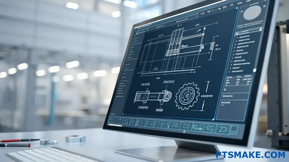 شاشة كمبيوتر تعرض رسم CAD تقني في المصنع