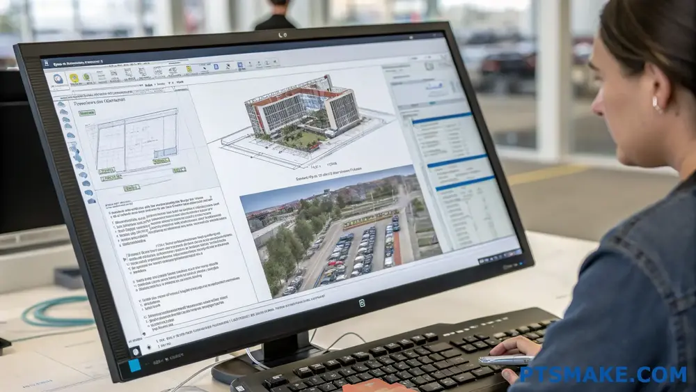 امرأة تستخدم برنامج CAD لتصميم مبنى