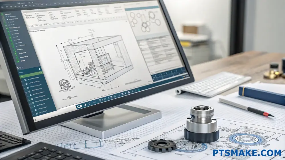 شاشة كمبيوتر تعرض تصميم CAD ثلاثي الأبعاد مع أجزاء ميكانيكية على المكتب