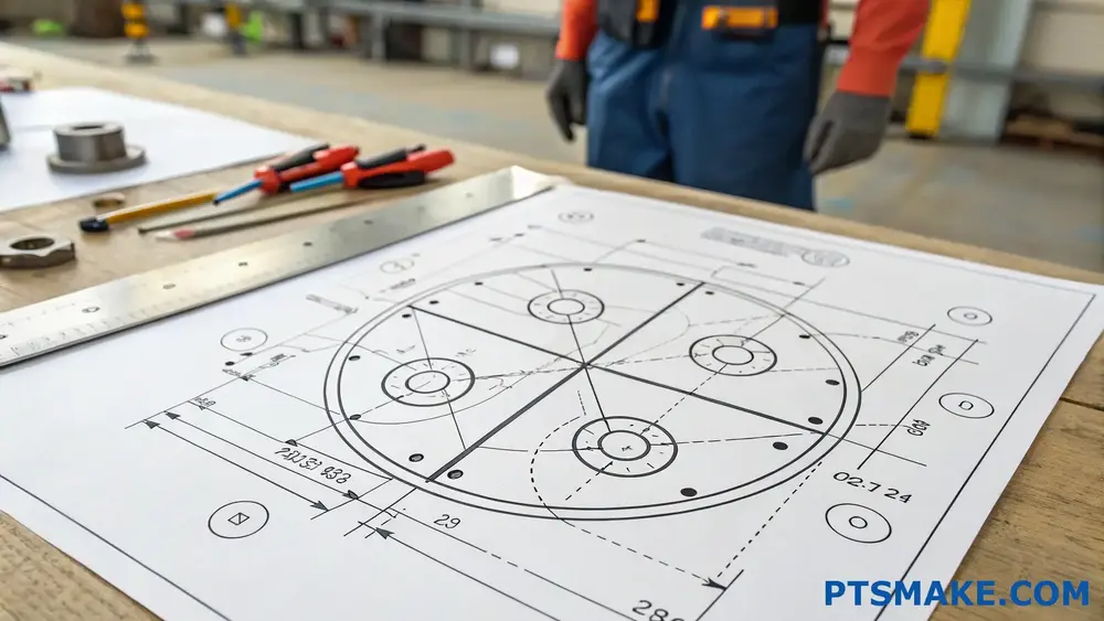 مخطط التصنيع مع أدوات التصنيع والمهندس في الخلفية