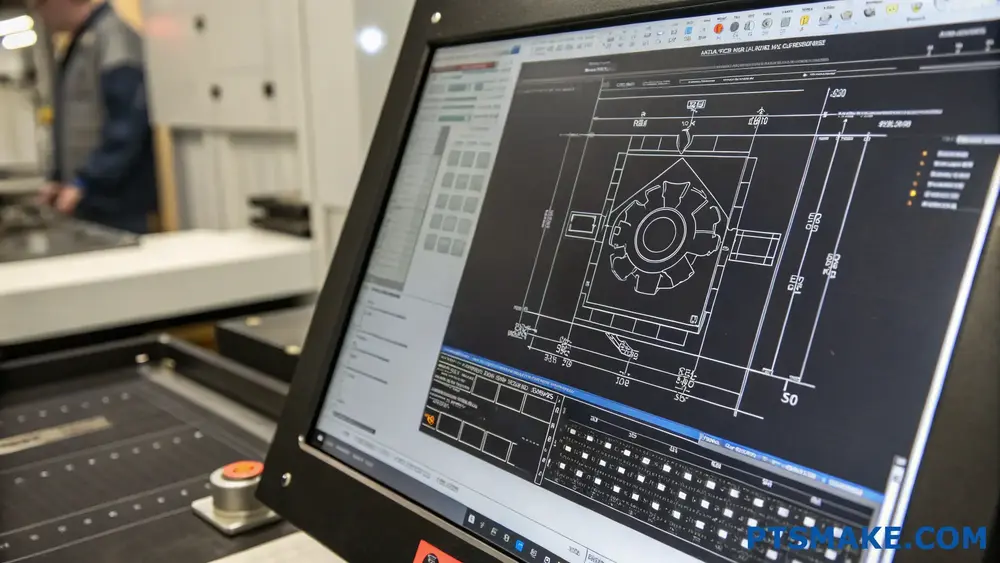 صورة مقربة لتصميم CAD على شاشة كمبيوتر في ورشة تصنيع الآلات