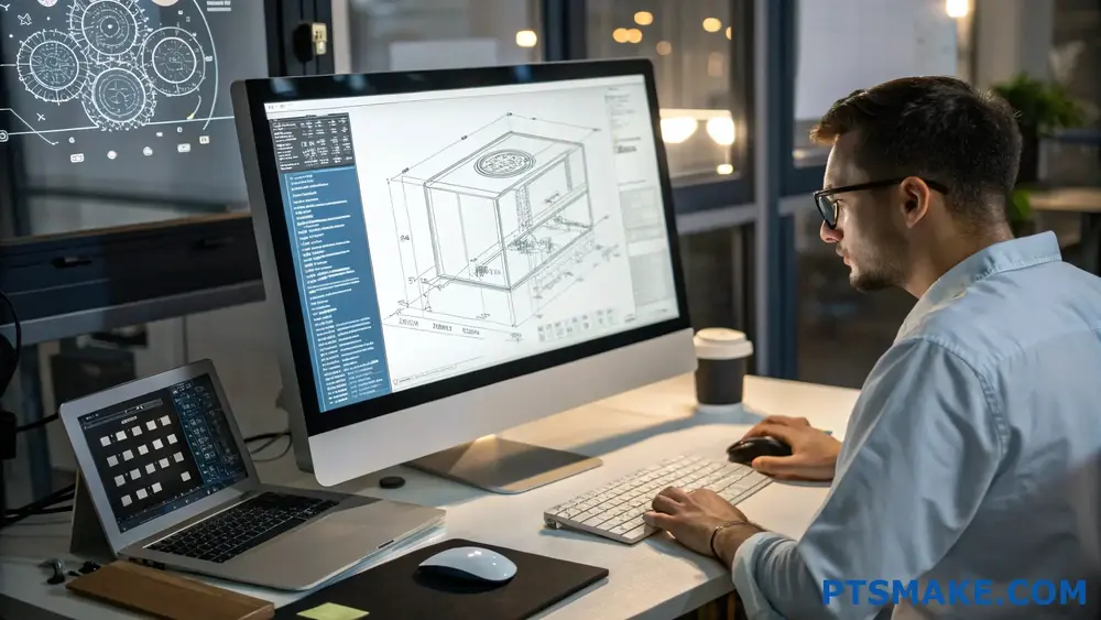 مهندس يعمل على نموذج CAD ثلاثي الأبعاد على كمبيوتر مكتبي في مكتب.