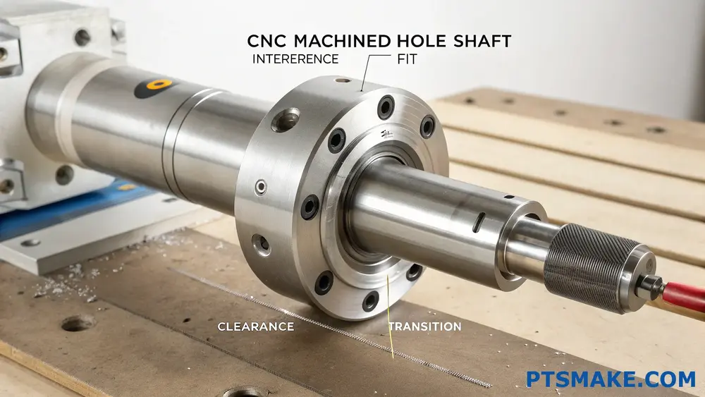Precision CNC machined hole shaft with fit and clearance annotations