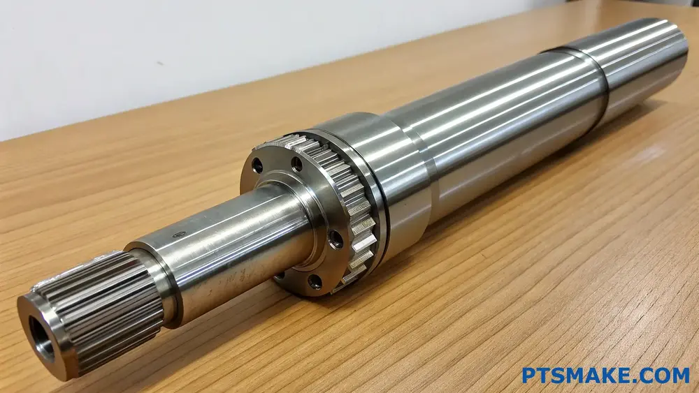High-precision CNC machined metal shaft with gear teeth on a wooden surface