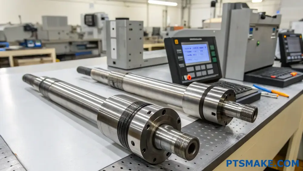 Two precision-machined metal shafts on a workstation in a CNC machining facility