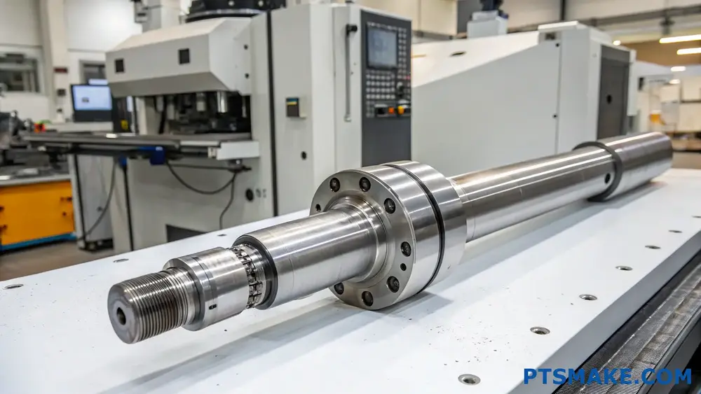Large precision CNC machined metal shaft in a manufacturing facility