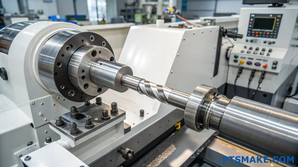Close-up of a CNC lathe machine processing a metal workpiece