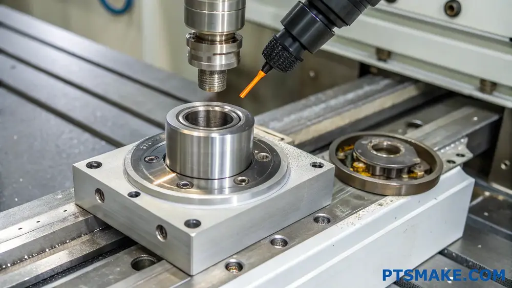 CNC machine applying lubricant to a precision metal component