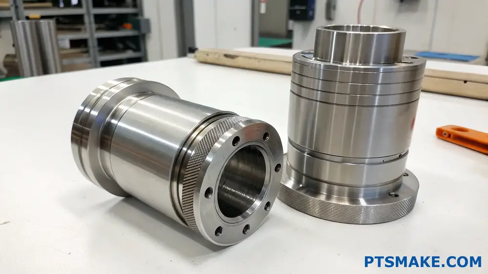 Two cylindrical metal CNC machined parts on a workbench