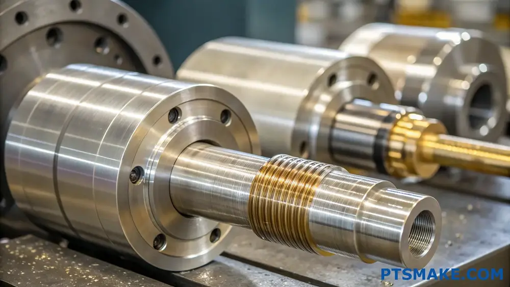 Close-up of high-precision CNC machined metal parts on a workbench