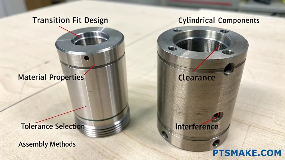 Two precision-machined cylindrical metal components with labeled engineering terms
