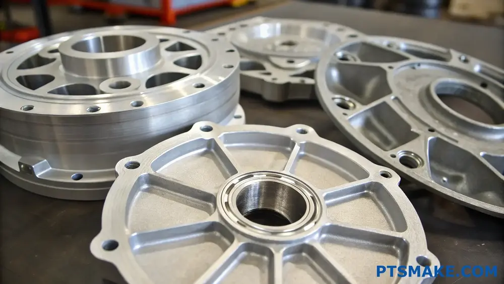 Componenti metallici lavorati a CNC di alta precisione su un tavolo da officina