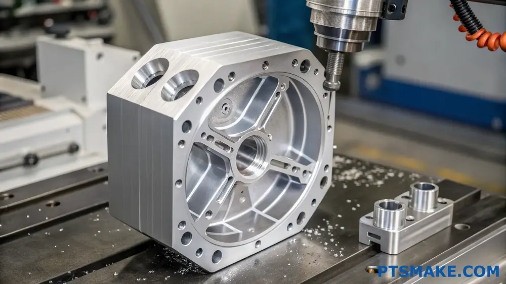 Fresatura CNC di precisione di un componente in alluminio con una fresatrice