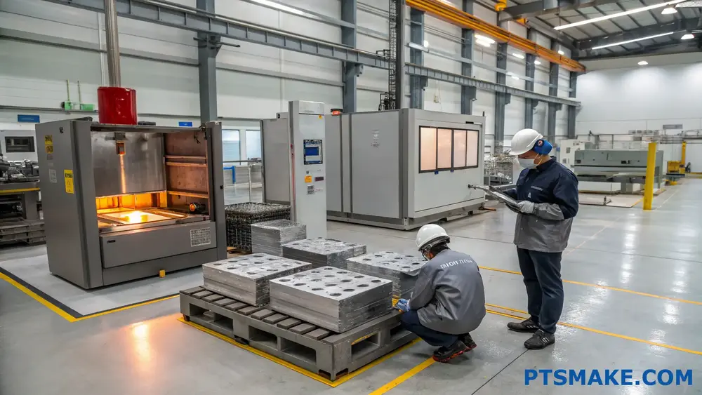 Operai che ispezionano parti metalliche in una fabbrica con attrezzature industriali