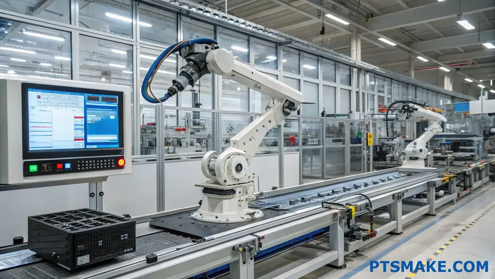 Bracci robotici automatizzati che operano su una linea di produzione in una fabbrica