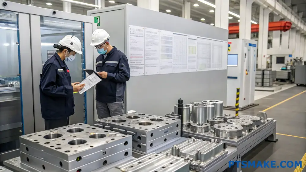 Due ingegneri ispezionano parti metalliche lavorate a controllo numerico in una fabbrica