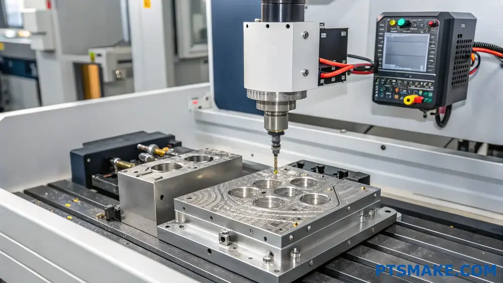 CNC milling machine processing a metal workpiece