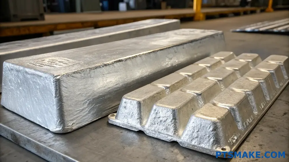 Several aluminum ingot blocks placed on a metal surface