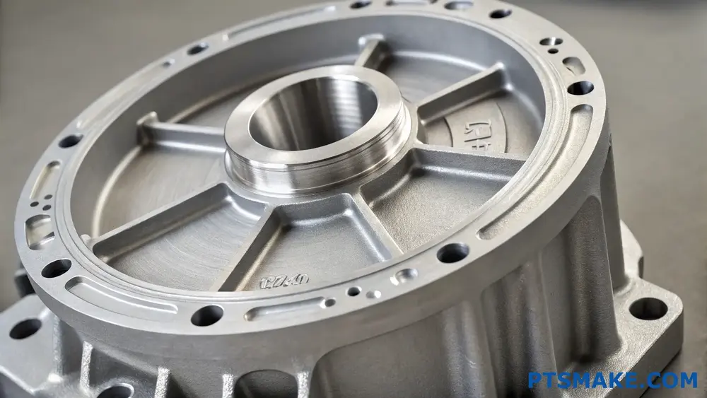 Precision-machined metal component with detailed finishing and multiple openings