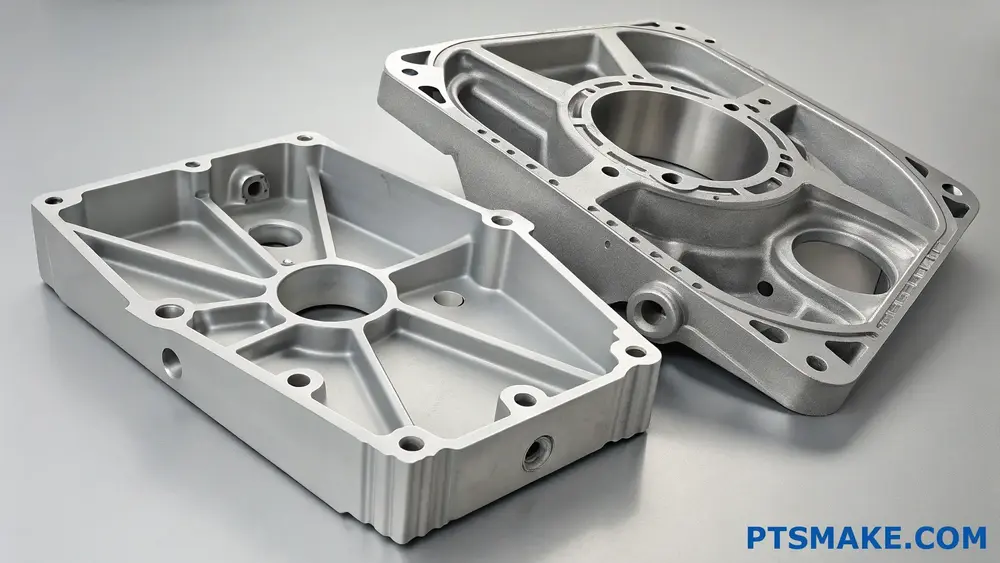Two precision CNC machined aluminium parts with complex geometries