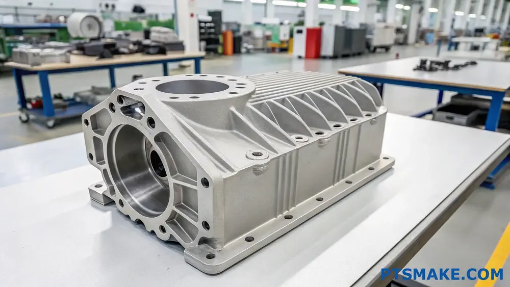 High-precision CNC machined metal component on a manufacturing workbench