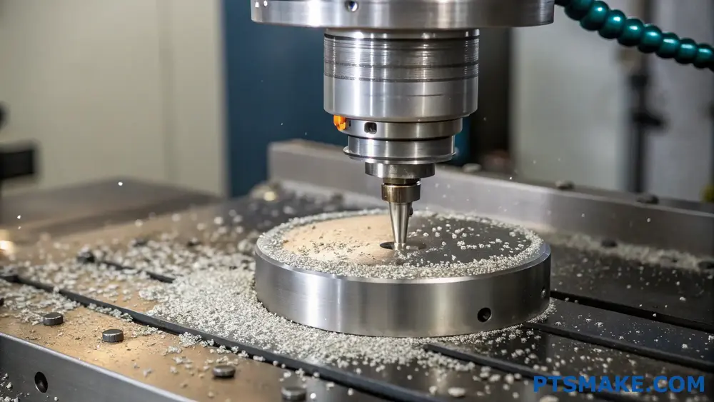 Primer plano de una fresadora CNC cortando una pieza metálica