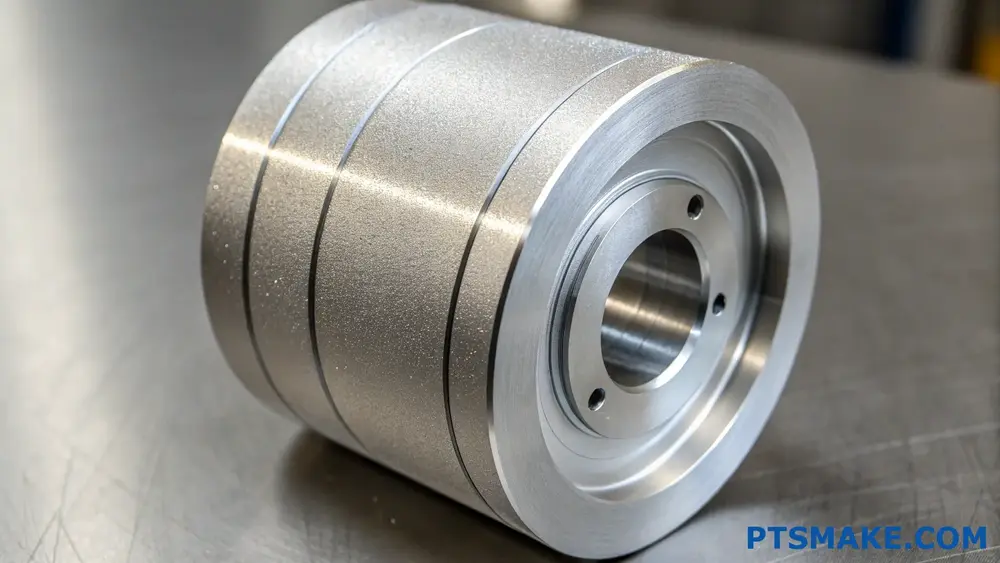 Primer plano de un componente metálico mecanizado con CNC de precisión y acabado detallado