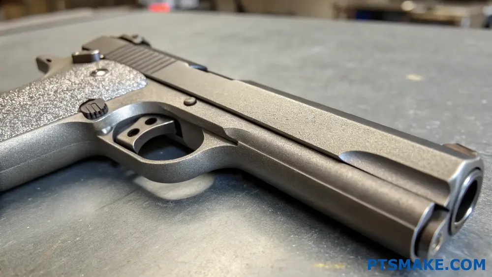 Primer plano de una pistola negra sobre una superficie metálica