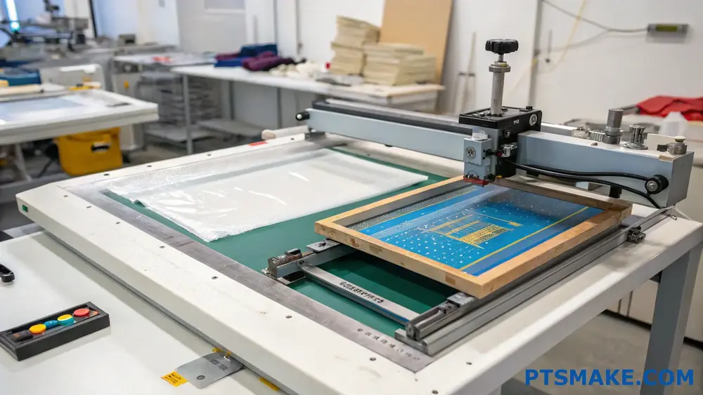 Industriell screentryckmaskin i en tillverkningsanläggning