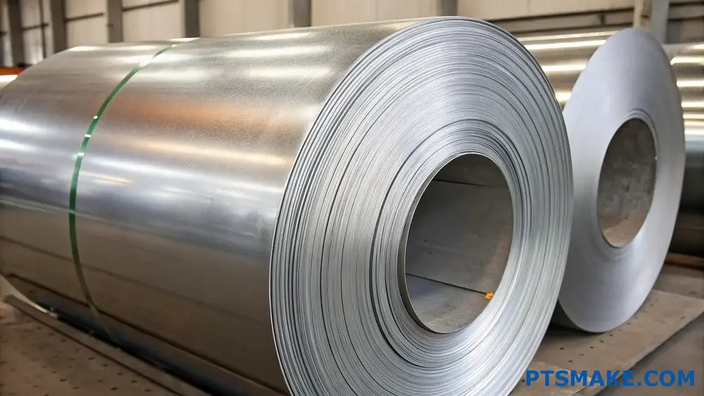 Large rolled steel coils in an industrial warehouse
