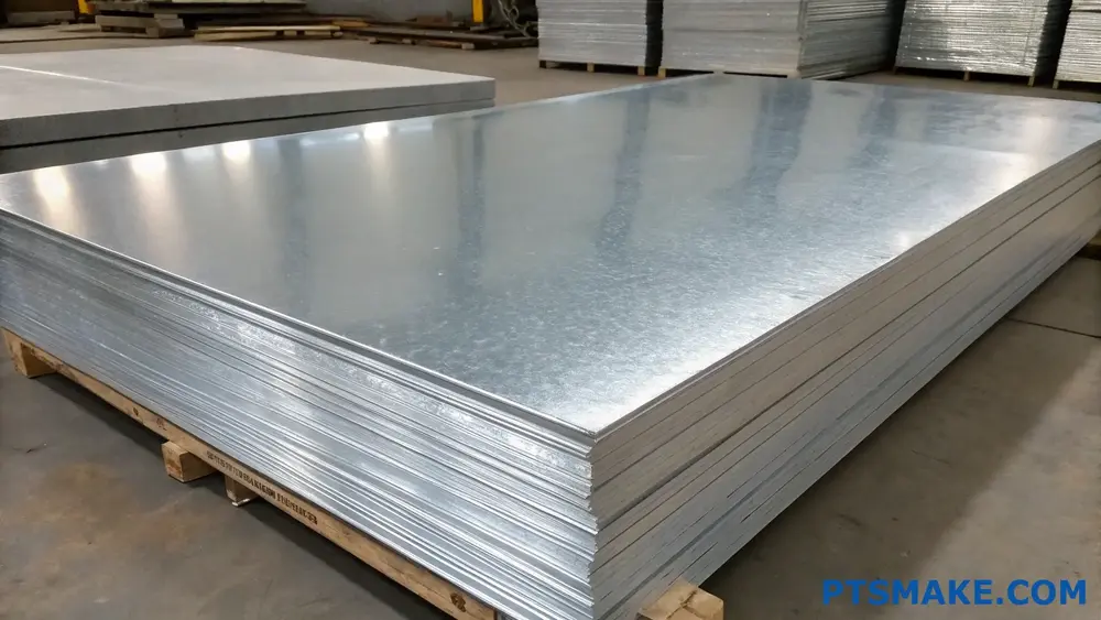Stack of galvanized steel sheets on wooden pallets in a warehouse